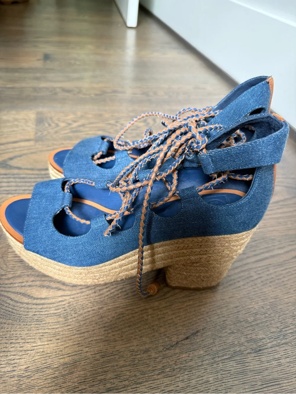 Tory Burch Positano lace-up platform espadrille in denim blue with leather laces